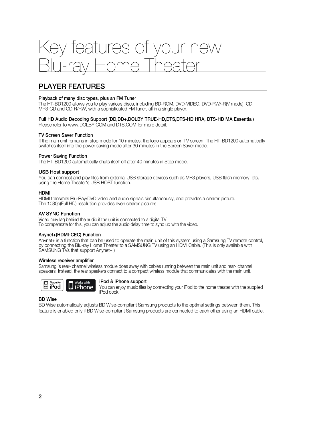 Samsung AH68-02178Z, HT-BD1200 user manual Player Features, Hdmi 