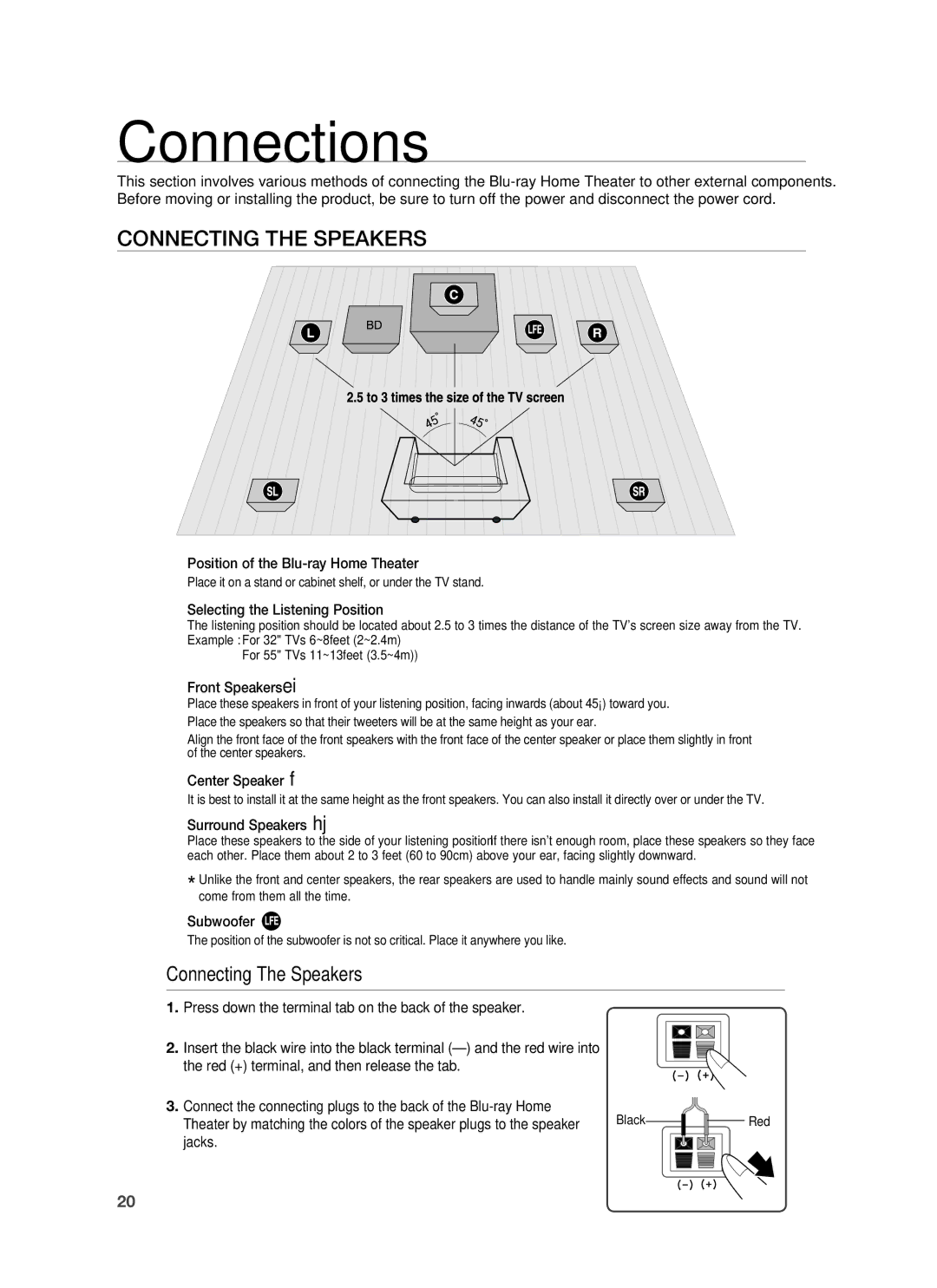 Samsung AH68-02178Z, HT-BD1200 user manual Connections, Connecting the Speakers 