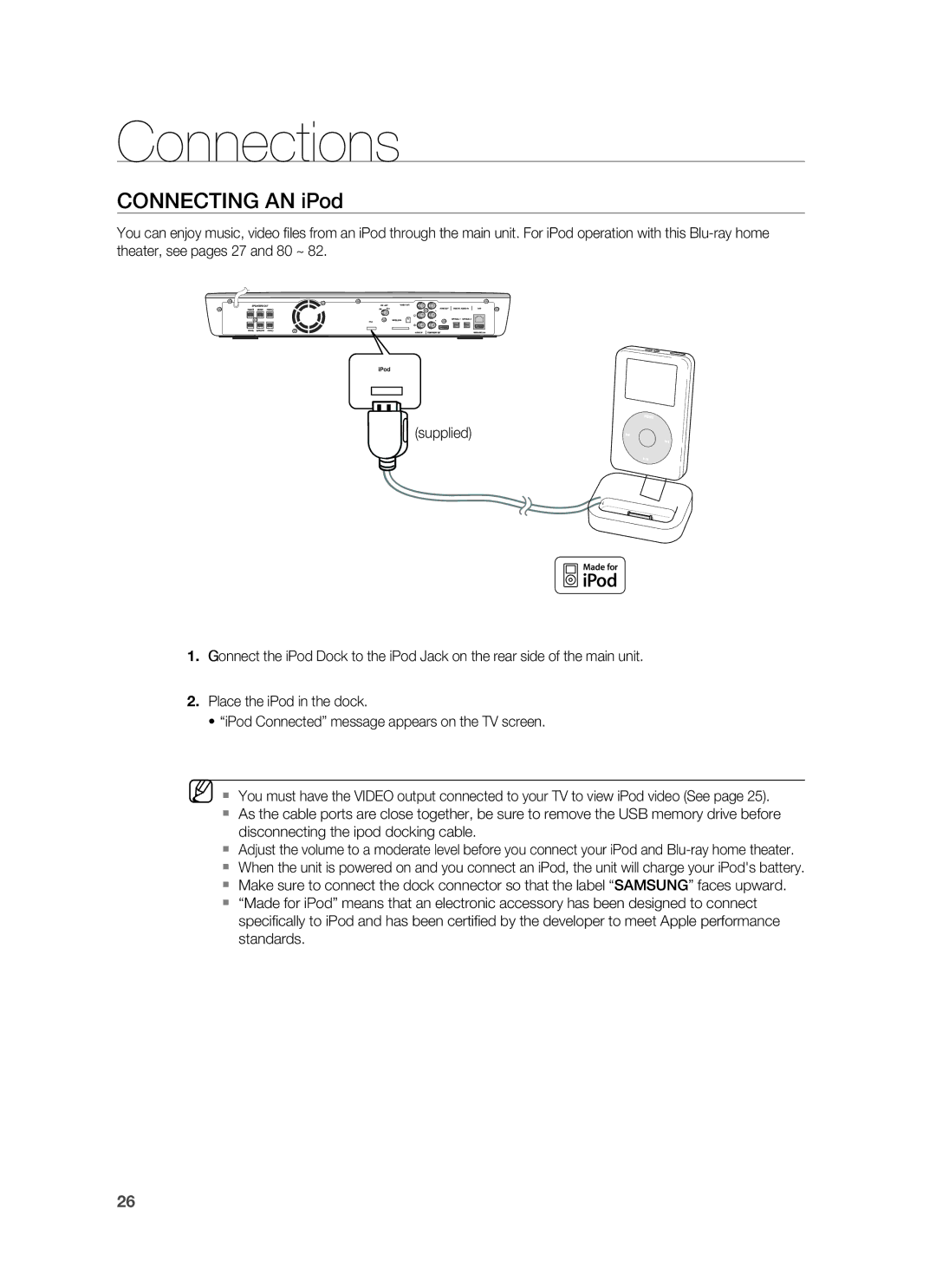 Samsung AH68-02178Z, HT-BD1200 user manual Connecting AN iPod 