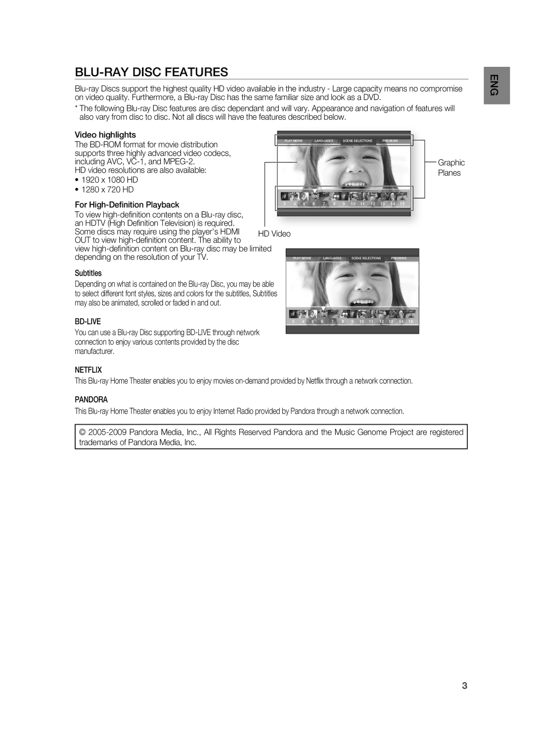 Samsung HT-BD1200, AH68-02178Z user manual BLU-RAY Disc Features, Netflix, Pandora 