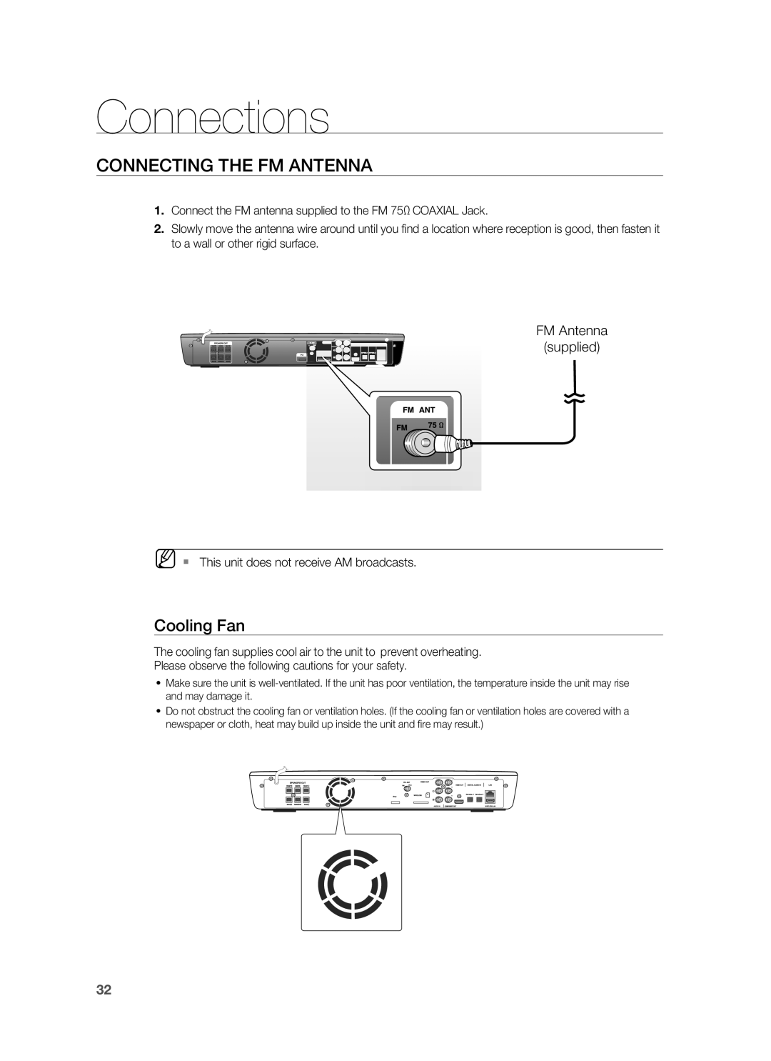 Samsung AH68-02178Z, HT-BD1200 user manual Connecting the FM Antenna, Cooling Fan, FM Antenna Supplied 