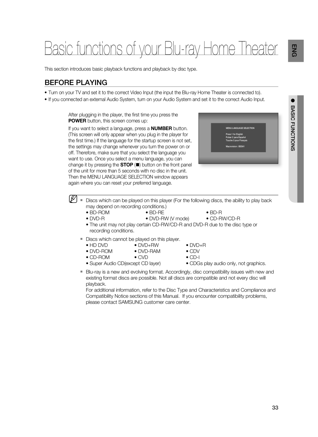 Samsung HT-BD1200, AH68-02178Z user manual Before Playing, Basic Functions, Hd Dvd Dvd+Rw Dvd-Rom Dvd-Ram Cdv Cd-Rom Cvd 