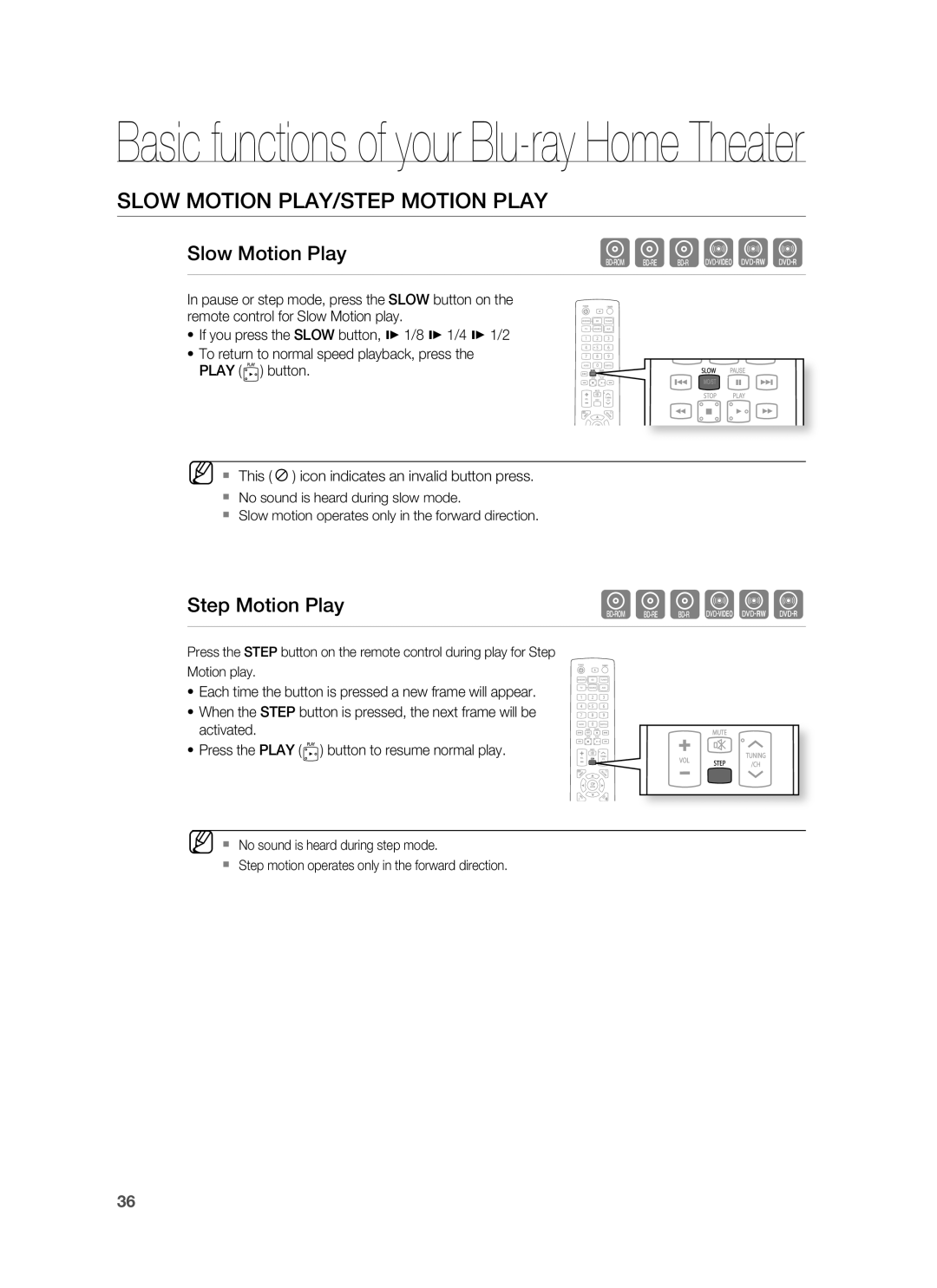 Samsung AH68-02178Z, HT-BD1200 user manual Slow Motion PLAY/STEP Motion Play, Slow Motion Play, Step Motion Play 