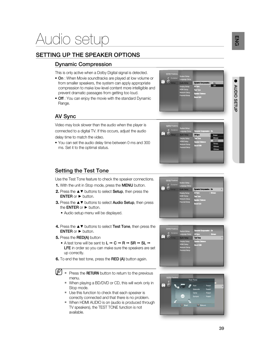 Samsung HT-BD1200 Audio setup, Setting UP the Speaker Options, Dynamic Compression, AV Sync, Setting the Test Tone 