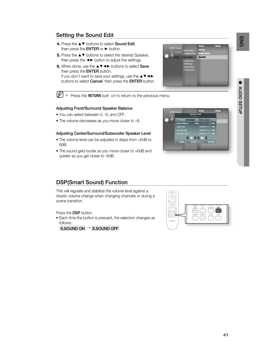 Samsung HT-BD1200, AH68-02178Z user manual DSPSmart Sound Function, Audio, Sound on S.SOUND OFF 