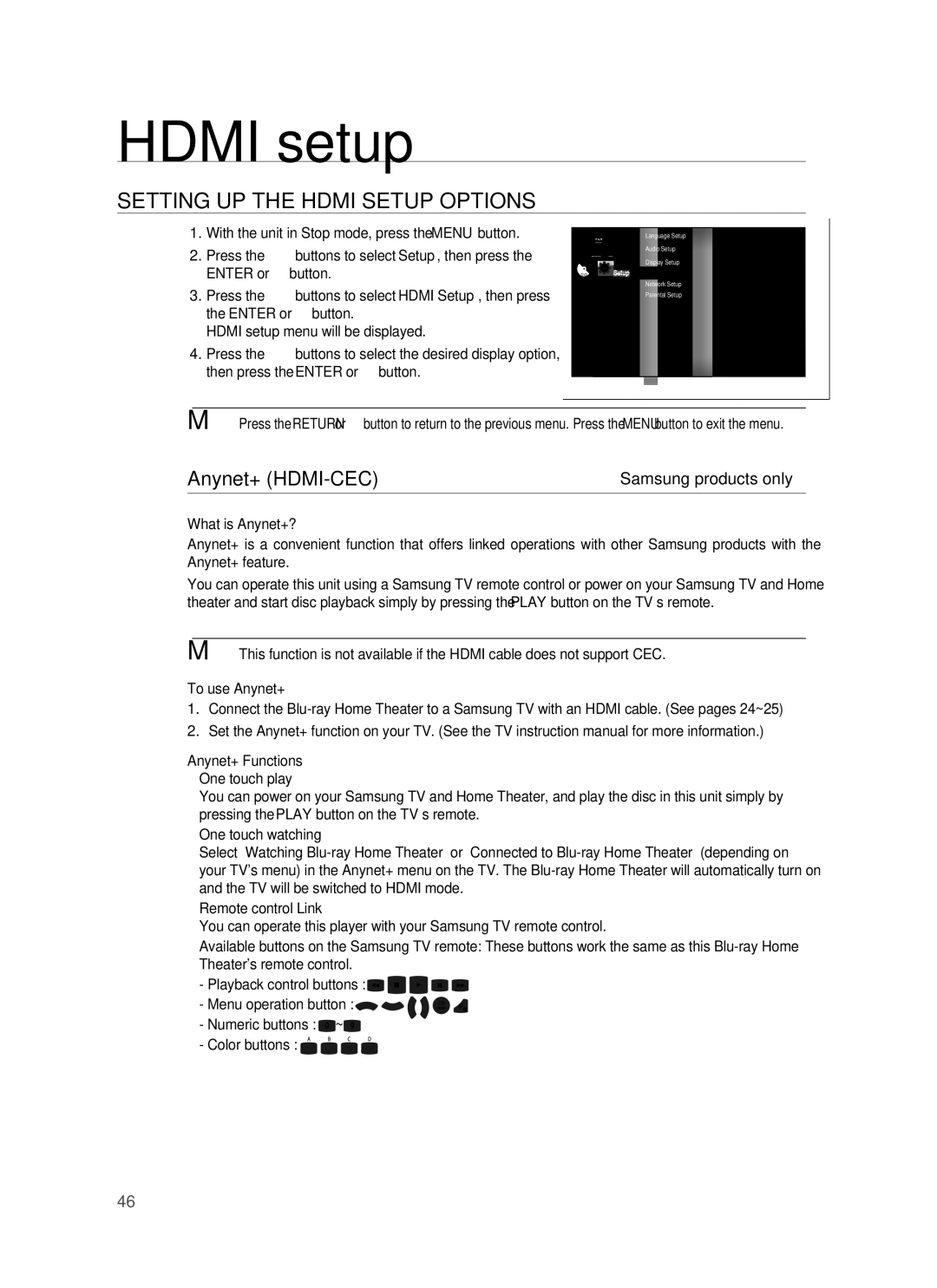 Samsung AH68-02178Z, HT-BD1200 Hdmi setup, Setting UP the Hdmi Setup Options, Anynet+ HDMI-CEC, Samsung products only 