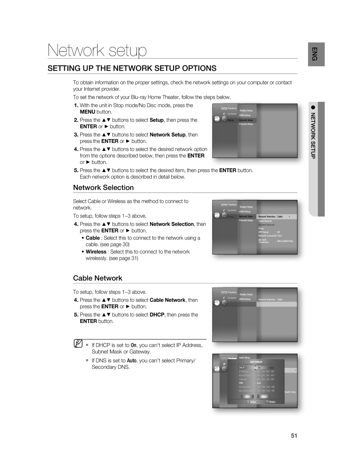 Samsung HT-BD1200, AH68-02178Z user manual Setting UP the Network Setup Options, Network Selection, Cable Network 