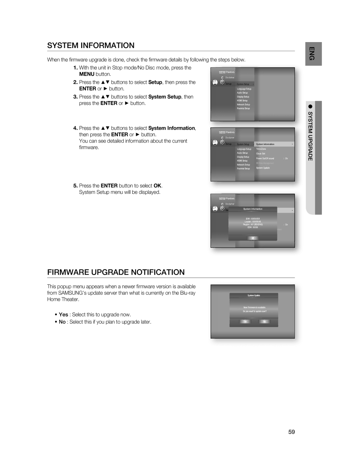 Samsung HT-BD1200 System Information, Firmware Upgrade Notification, Press the buttons to select System Setup, then 