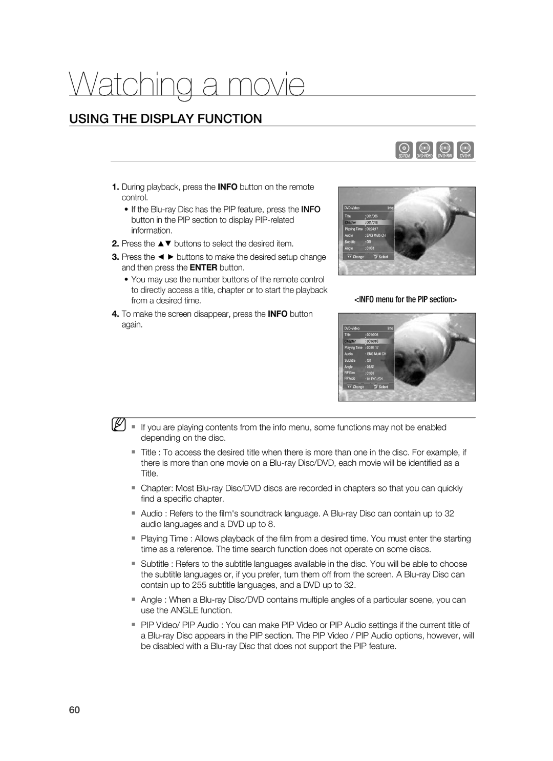 Samsung AH68-02178Z, HT-BD1200 user manual Watching a movie, Using the Display Function, Info menu for the PIP section 