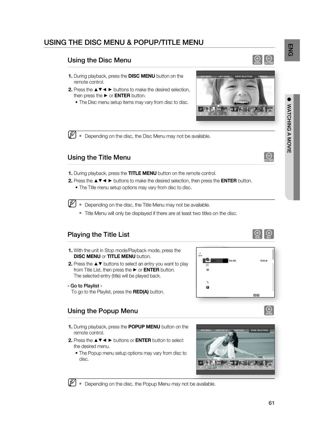 Samsung HT-BD1200, AH68-02178Z Using the Disc Menu & POPUP/TITLE Menu, Using the Title Menu, Playing the Title List 