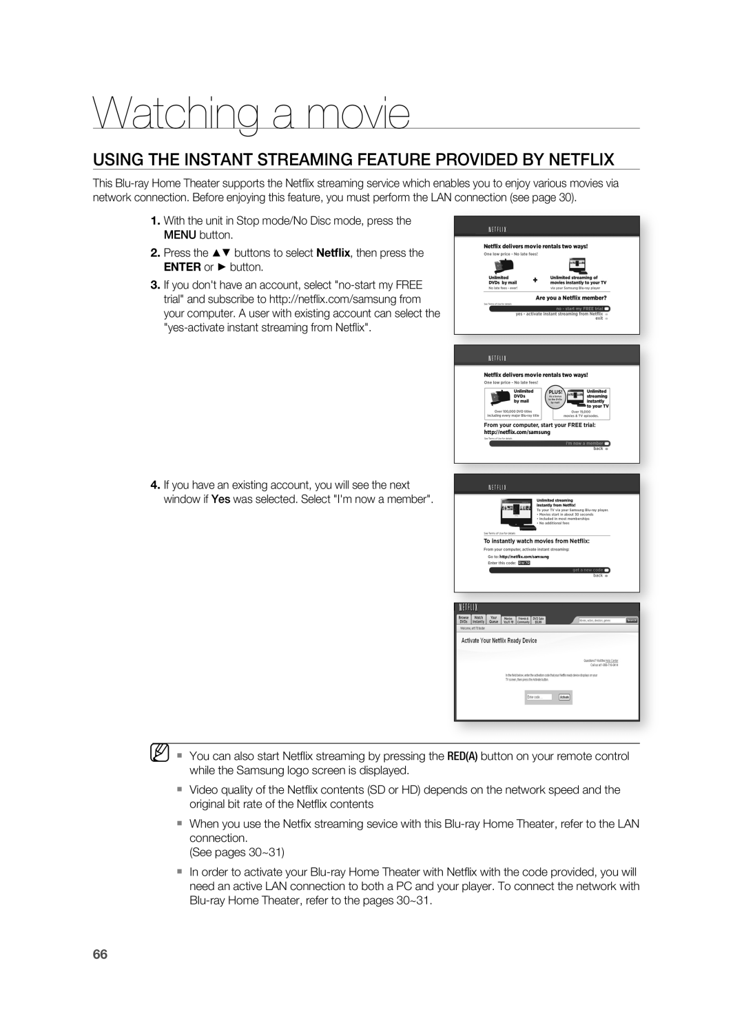 Samsung AH68-02178Z, HT-BD1200 user manual Using the Instant Streaming Feature Provided by Netflix 