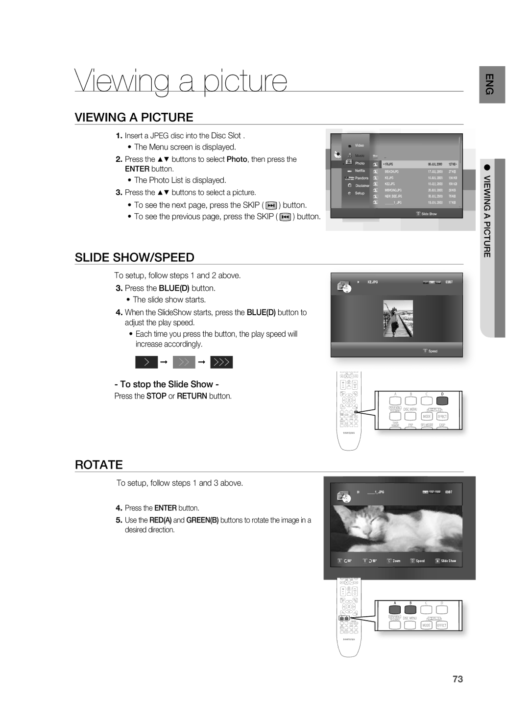 Samsung HT-BD1200, AH68-02178Z Viewing a picture, Viewing a Picture, Slide SHOW/SPEED, Rotate, To stop the Slide Show 