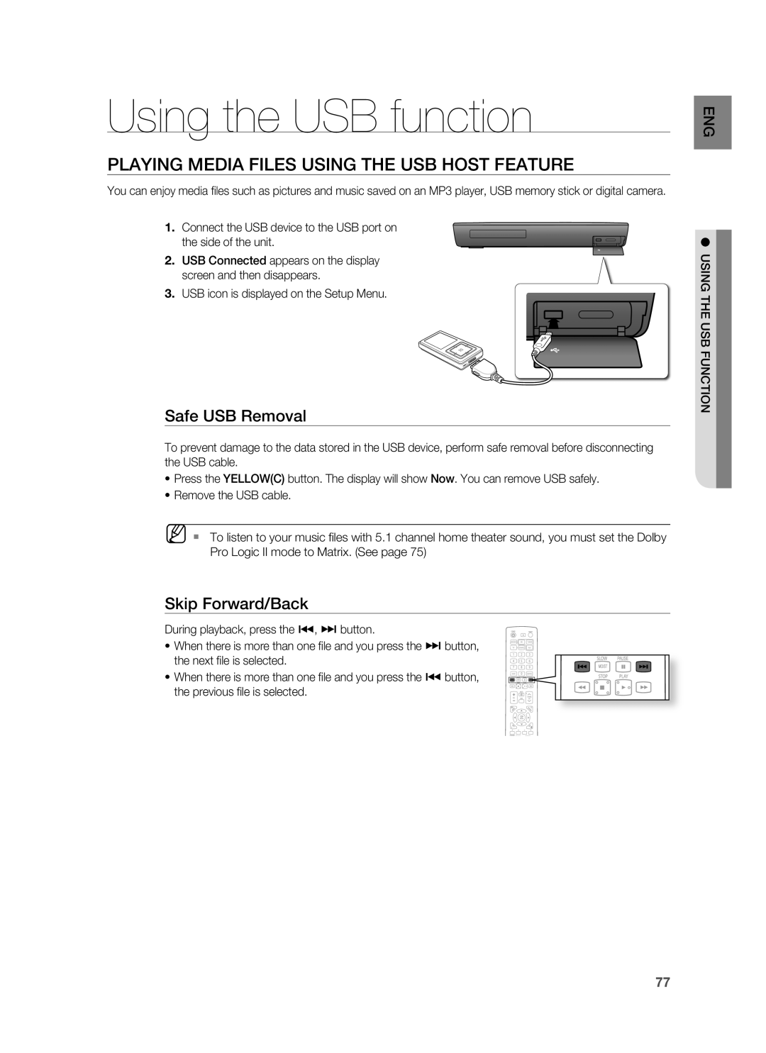 Samsung HT-BD1200, AH68-02178Z Using the USB function, Playing Media Files Using the USB Host Feature, Safe USB Removal 