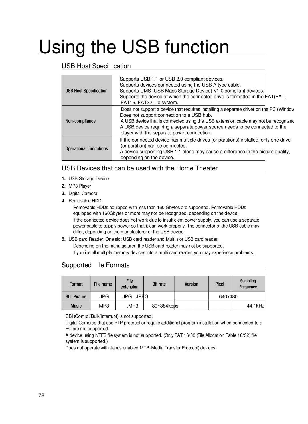 Samsung AH68-02178Z USB Host Speciﬁcation, USB Devices that can be used with the Home Theater, Supported ﬁle Formats 