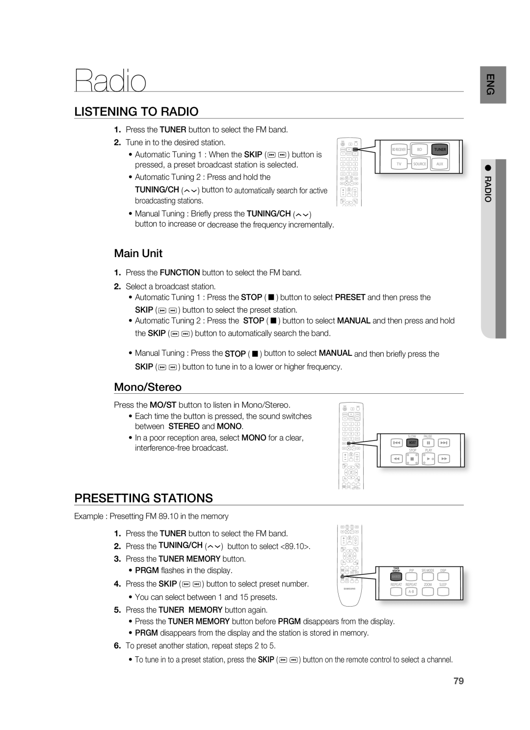 Samsung HT-BD1200, AH68-02178Z user manual Listening to Radio, Presetting Stations, Main Unit, Mono/Stereo 