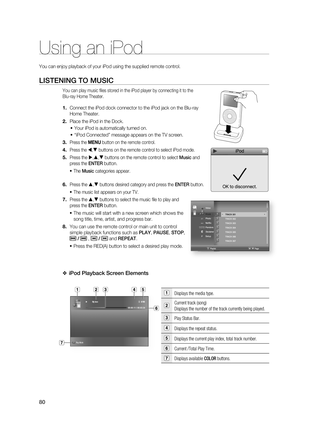 Samsung AH68-02178Z, HT-BD1200 user manual Using an iPod, Listening to Music, IPod Playback Screen Elements 