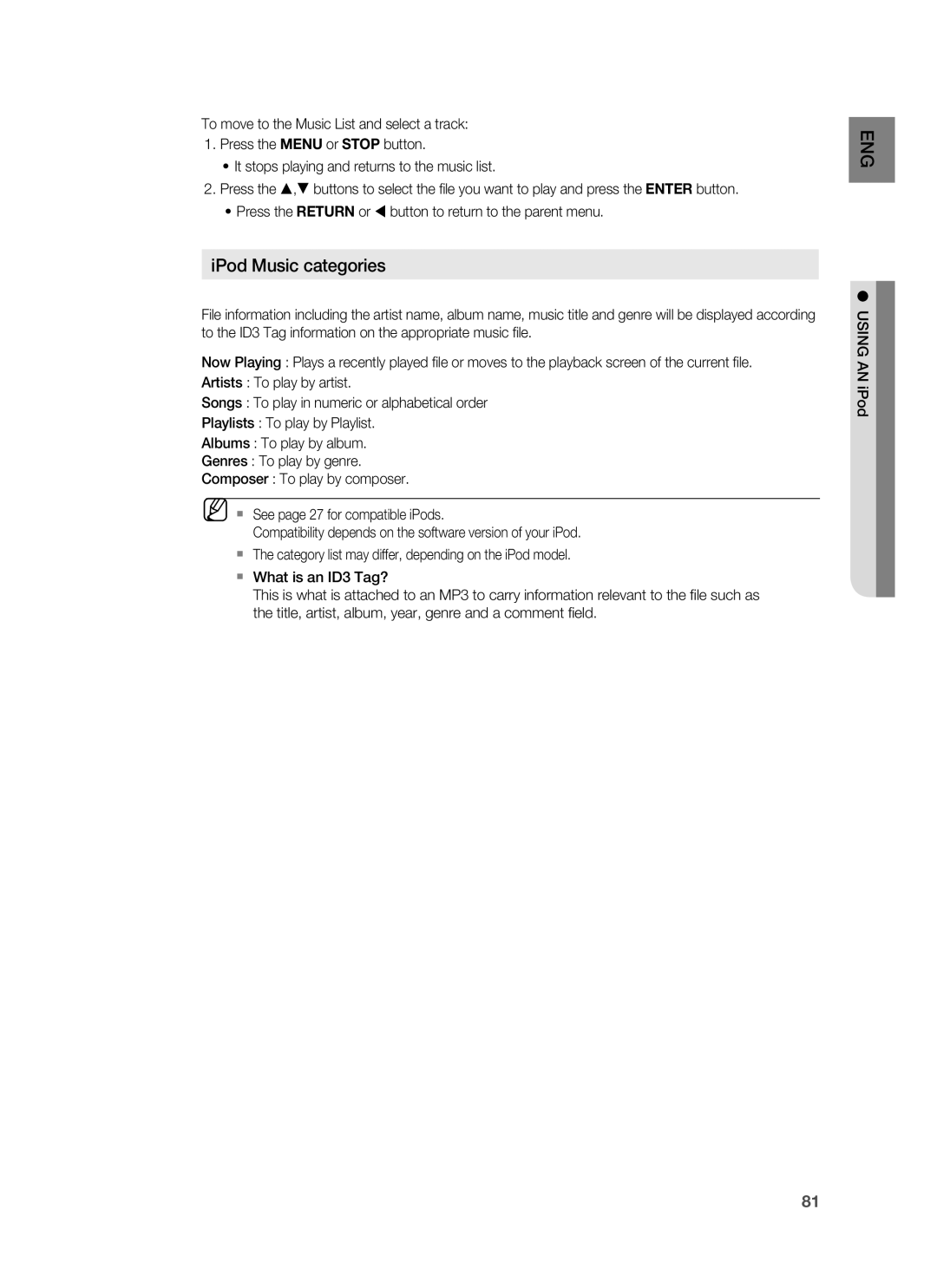 Samsung HT-BD1200, AH68-02178Z user manual IPod Music categories 