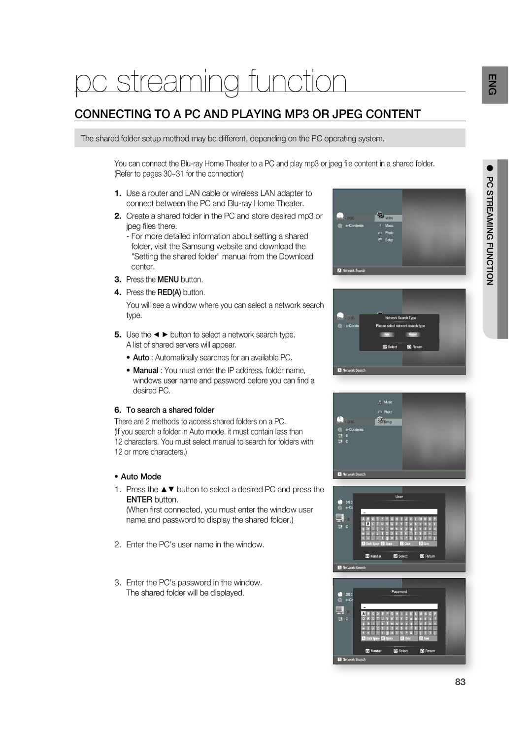 Samsung HT-BD1200 user manual Pc streaming function, Connecting to a PC and Playing MP3 or Jpeg Content, Streaming Function 