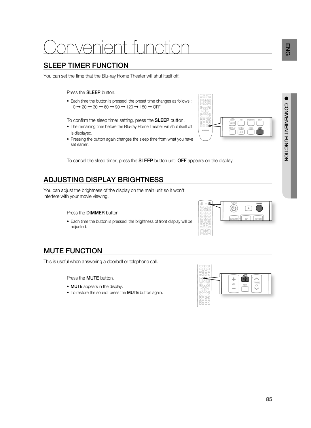 Samsung HT-BD1200, AH68-02178Z Convenient function, Sleep Timer Function, Adjusting Display Brightness, Mute Function 