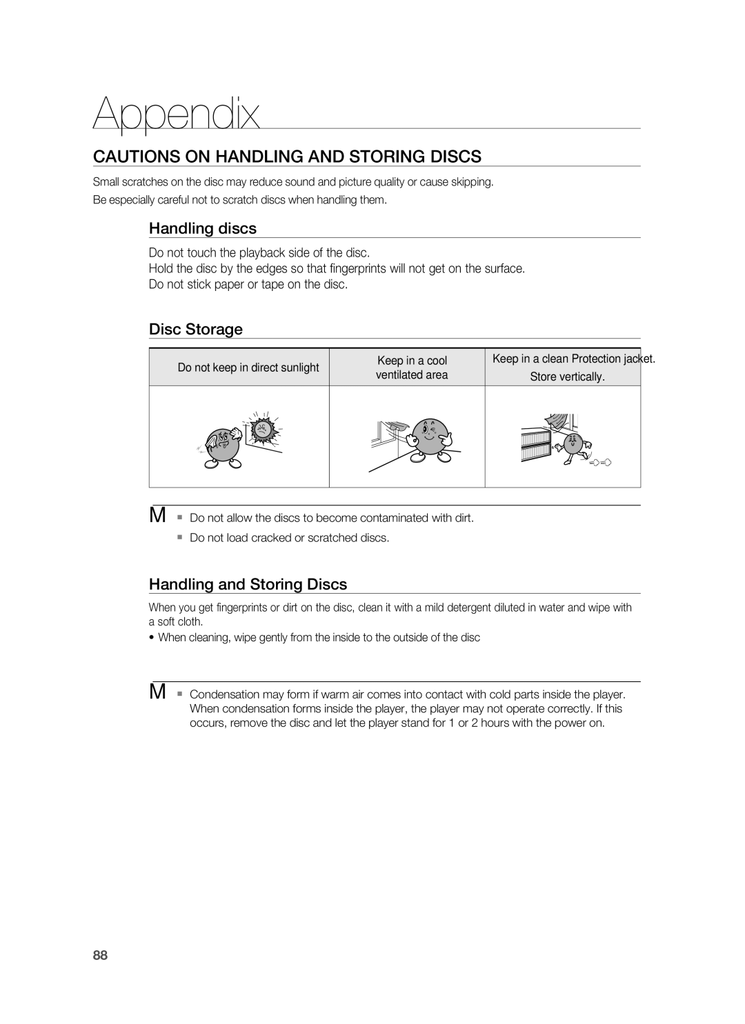 Samsung AH68-02178Z Appendix, Handling discs, Disc Storage, Handling and Storing Discs, Do not keep in direct sunlight 