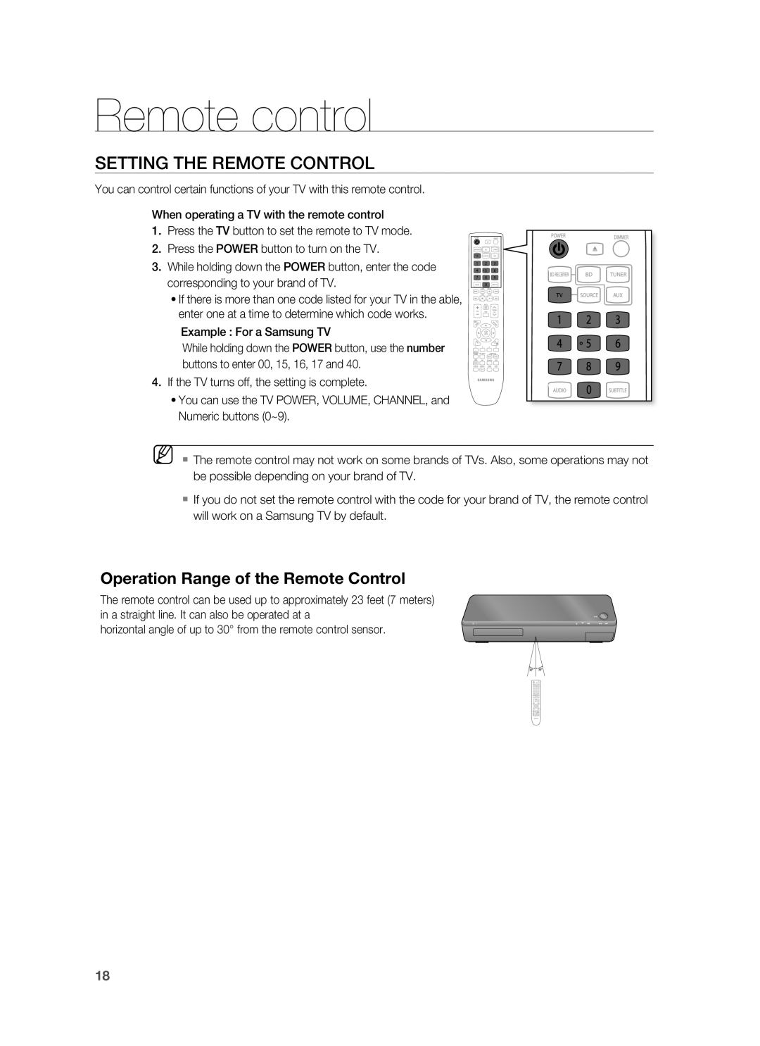 Samsung AH68-02178Z, HT-BD1200 Setting The Remote Control, Operation Range of the Remote Control, Remote control, M   