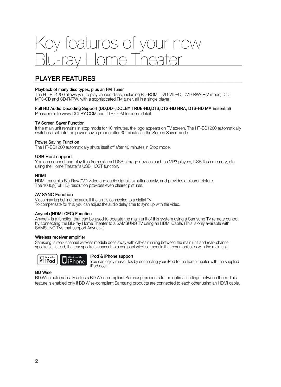 Samsung AH68-02178Z, HT-BD1200 user manual Key features of your new Blu-ray Home Theater, Player Features 