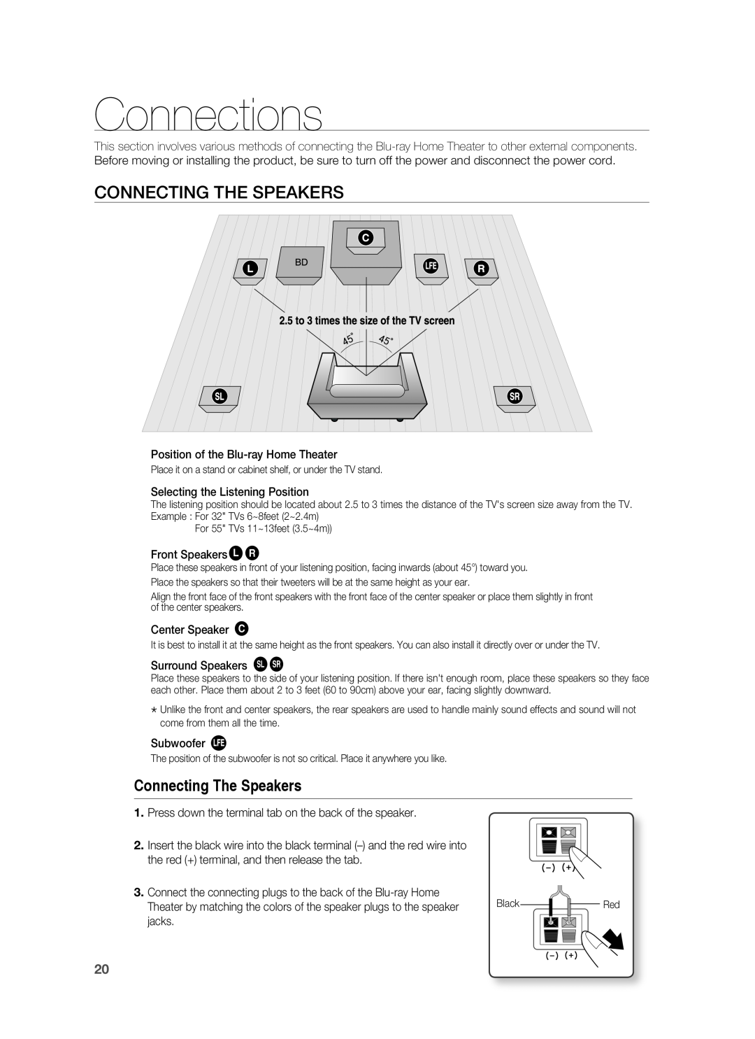 Samsung AH68-02178Z, HT-BD1200 user manual Connections, Connecting The Speakers 