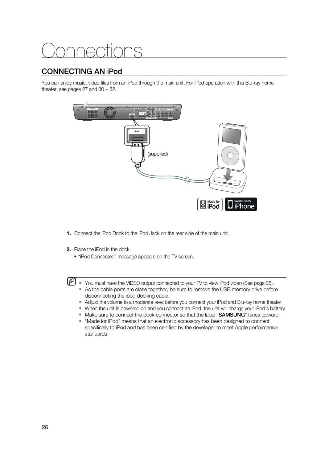 Samsung AH68-02178Z, HT-BD1200 user manual CONNECTING AN iPod, Connections 