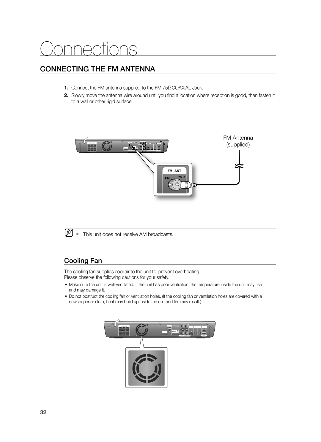 Samsung AH68-02178Z, HT-BD1200 user manual Connecting The Fm Antenna, Cooling Fan, Connections 