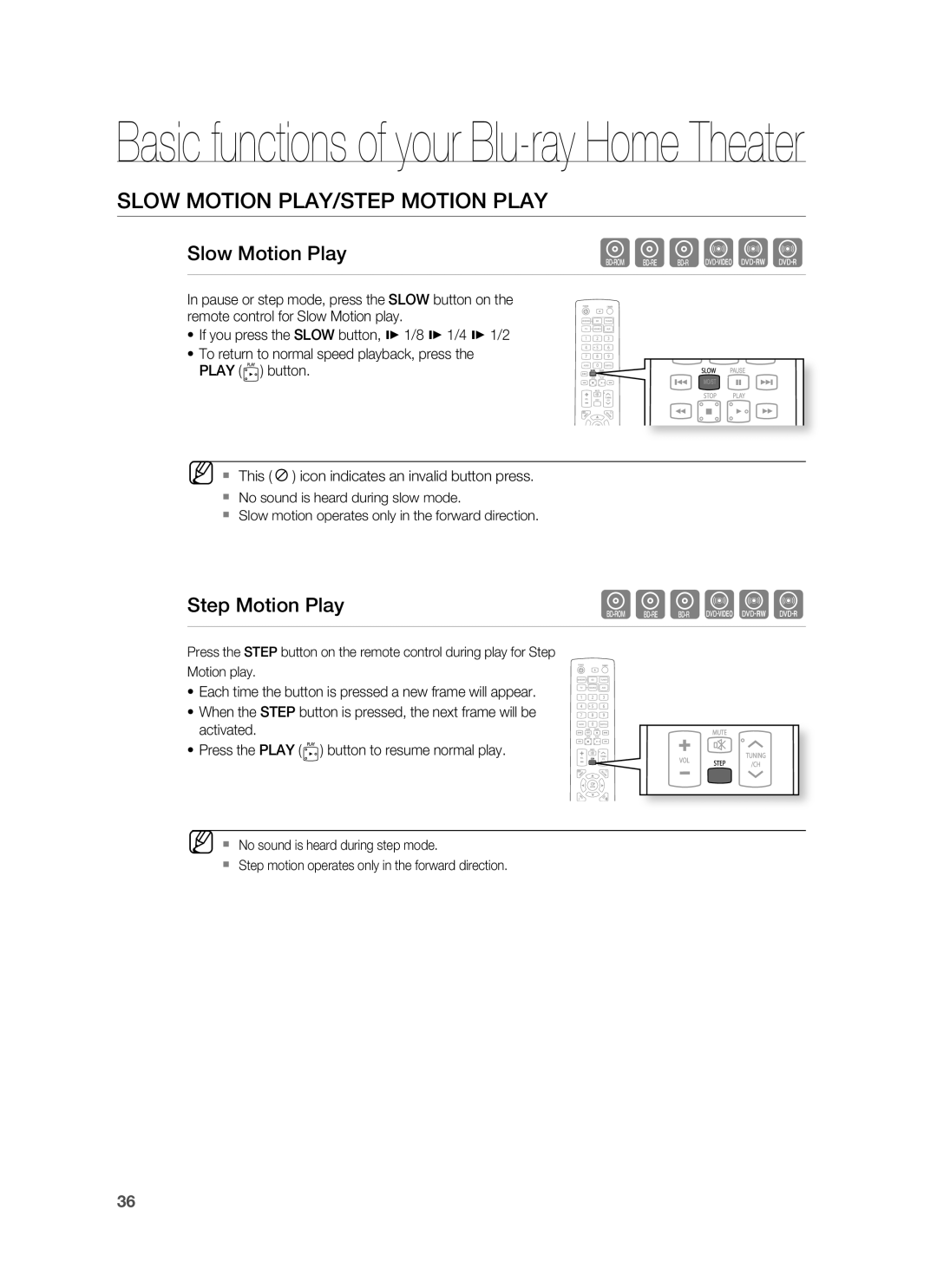 Samsung AH68-02178Z, HT-BD1200 Slow Motion Play/Step Motion Play, Basic functions of your Blu-ray Home Theater, hgfZCV 
