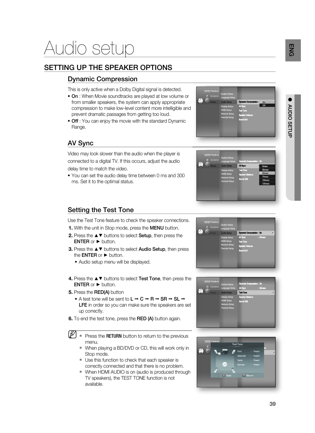 Samsung HT-BD1200 Audio setup, Setting Up The Speaker Options, Dynamic Compression, AV Sync, Setting the Test Tone, Range 