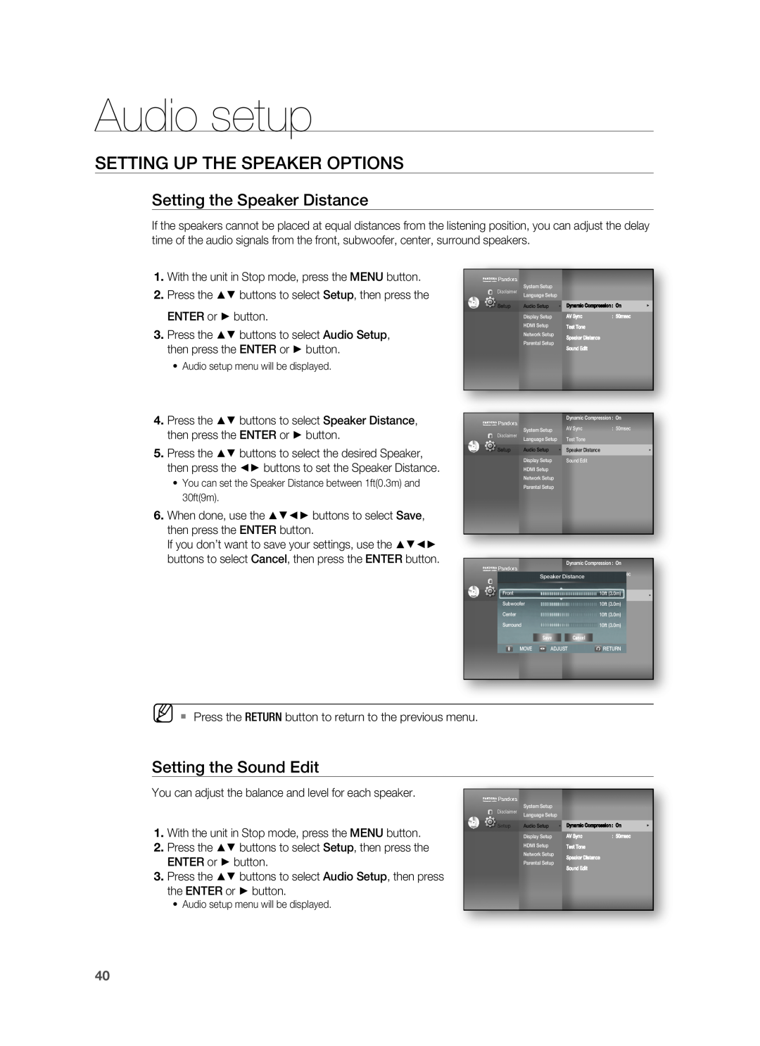 Samsung AH68-02178Z Setting the Speaker Distance, Setting the Sound Edit, Audio setup, Setting Up The Speaker Options 