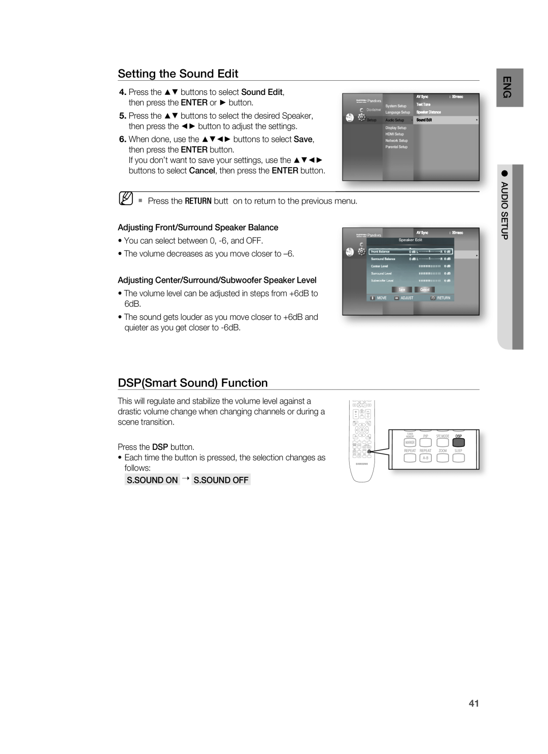 Samsung HT-BD1200, AH68-02178Z user manual DSPSmart Sound Function, Setting the Sound Edit, Setup Audio Setup 