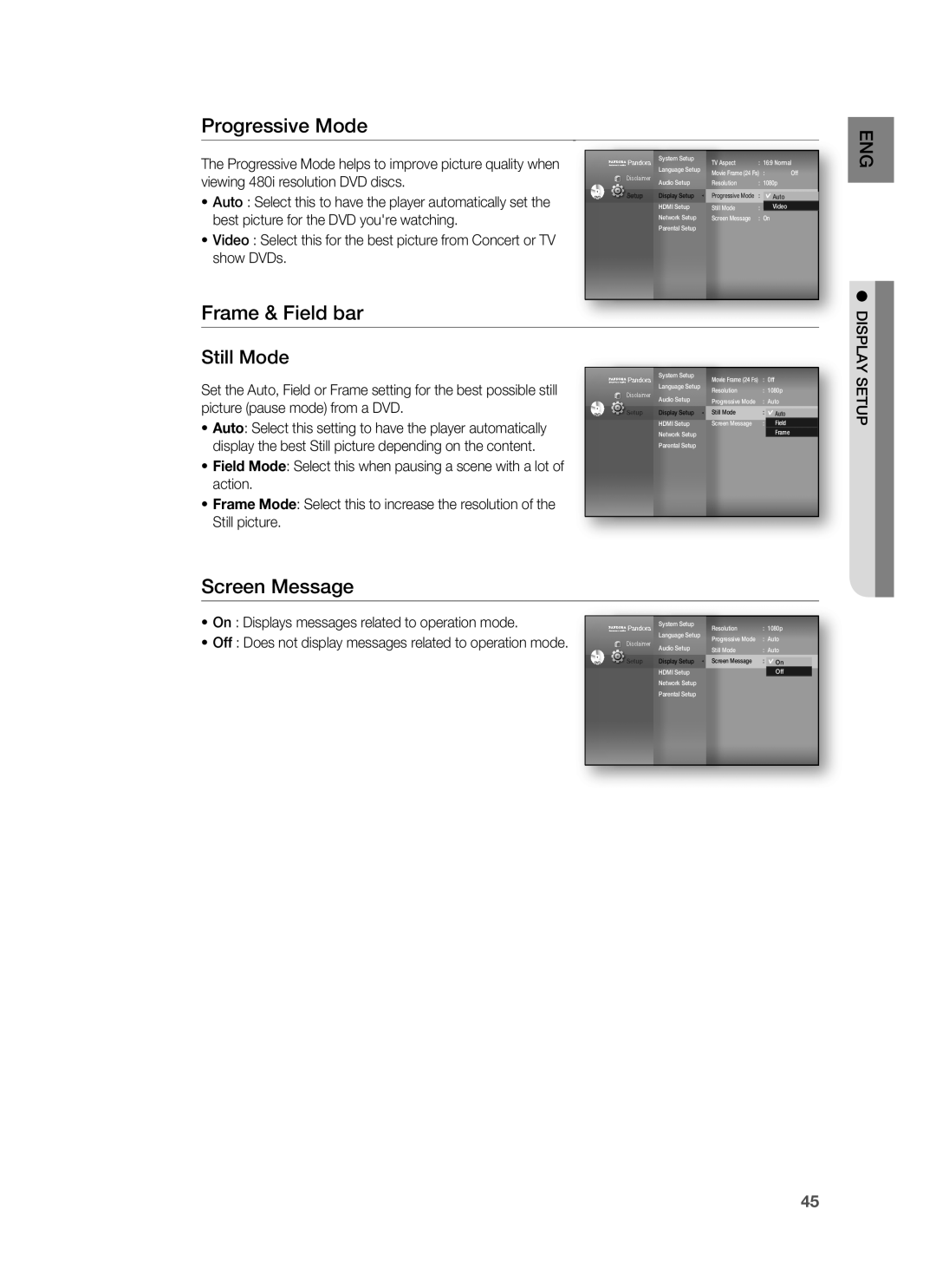 Samsung HT-BD1200 Progressive Mode, Frame & Field bar, Screen Message, Still Mode, viewing 480i resolution DVD discs, Auto 
