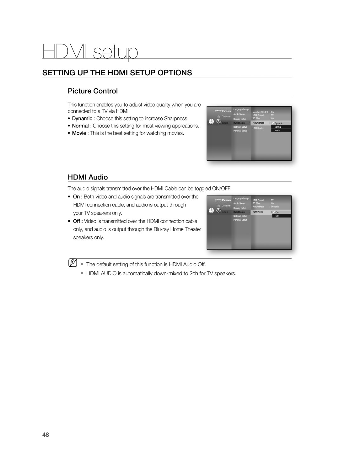 Samsung AH68-02178Z Picture Control, HDMI Audio, HDMI setup, Setting Up The Hdmi Setup Options, connected to a TV via HDMI 