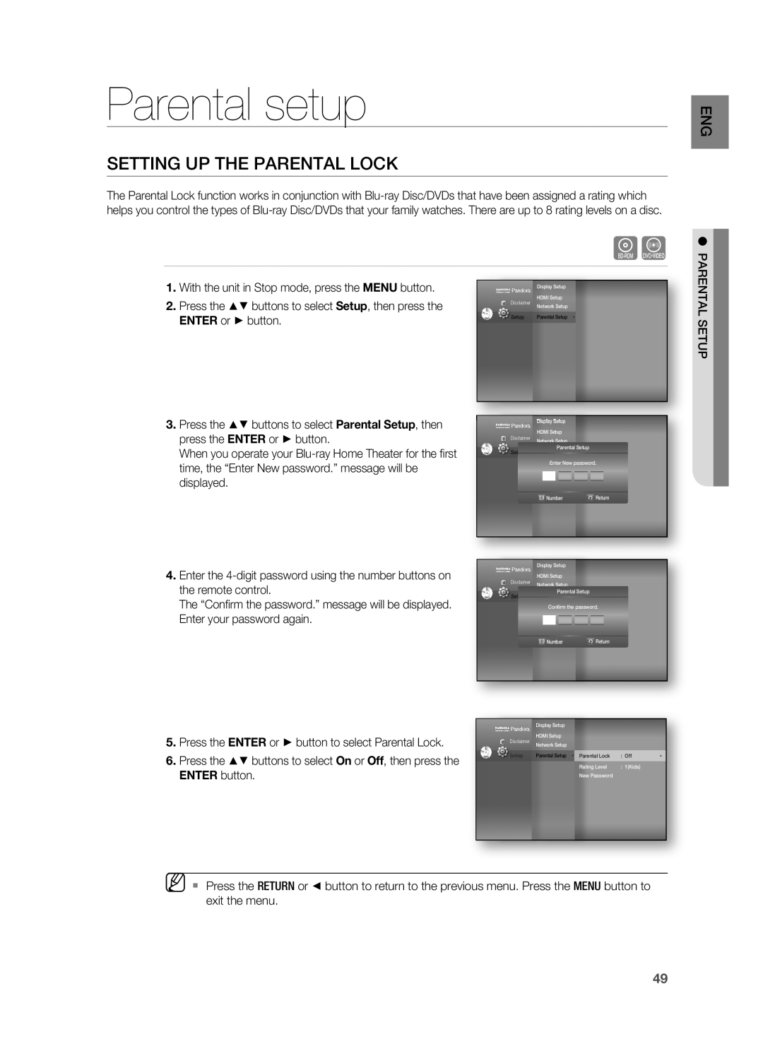 Samsung HT-BD1200 Parental setup, Setting Up The Parental Lock, With the unit in Stop mode, press the MENU button 