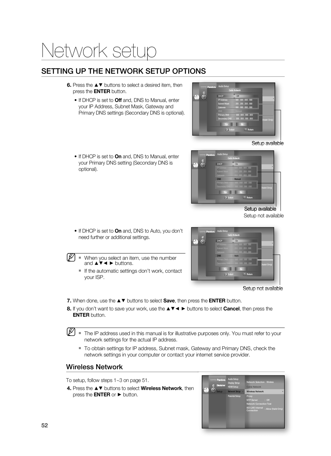 Samsung AH68-02178Z, HT-BD1200 user manual Network setup, Wireless Network, Setting Up The Network Setup Options 