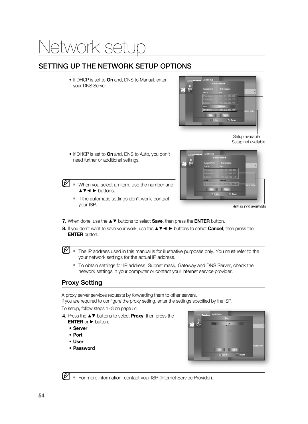 Samsung AH68-02178Z Proxy Setting, Network setup, Setting Up The Network Setup Options, Server Port User Password 