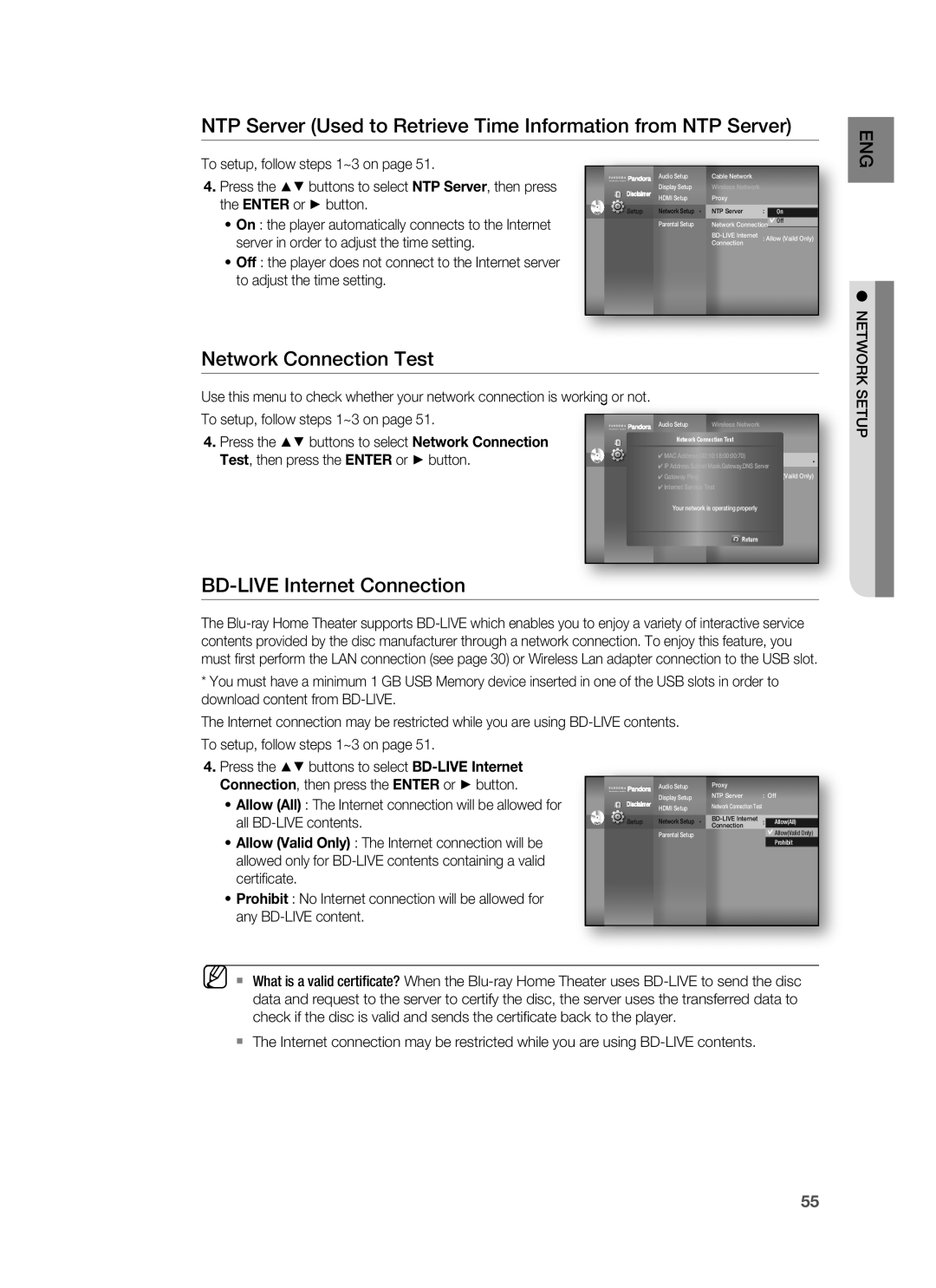Samsung HT-BD1200 user manual NTP Server Used to Retrieve Time Information from NTP Server, Network Connection Test, button 
