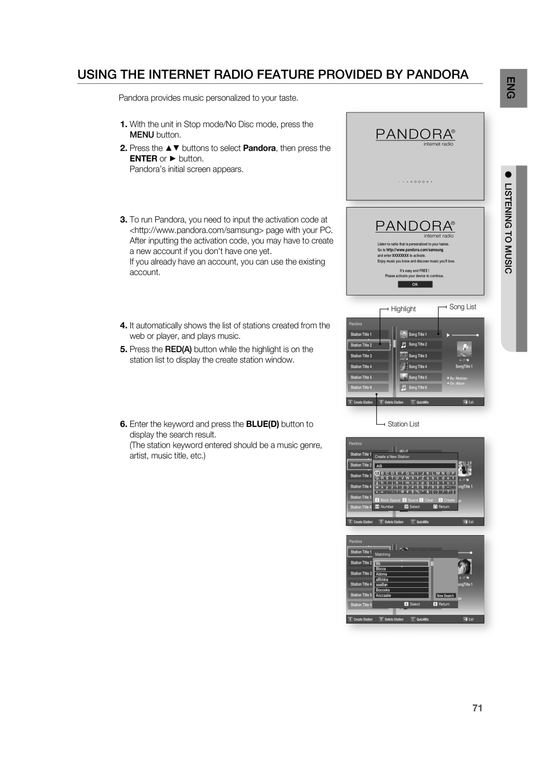 Samsung HT-BD1200 Using The Internet Radio Feature Provided By Pandora, display the search result, Highlight, Station List 