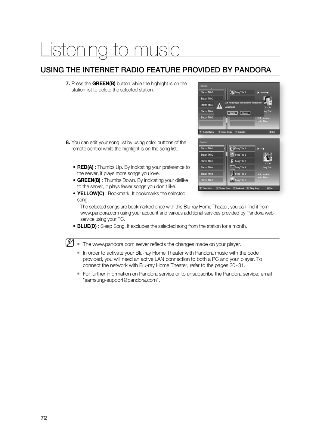 Samsung AH68-02178Z, HT-BD1200 user manual Listening to music, Using The Internet Radio Feature Provided By Pandora 