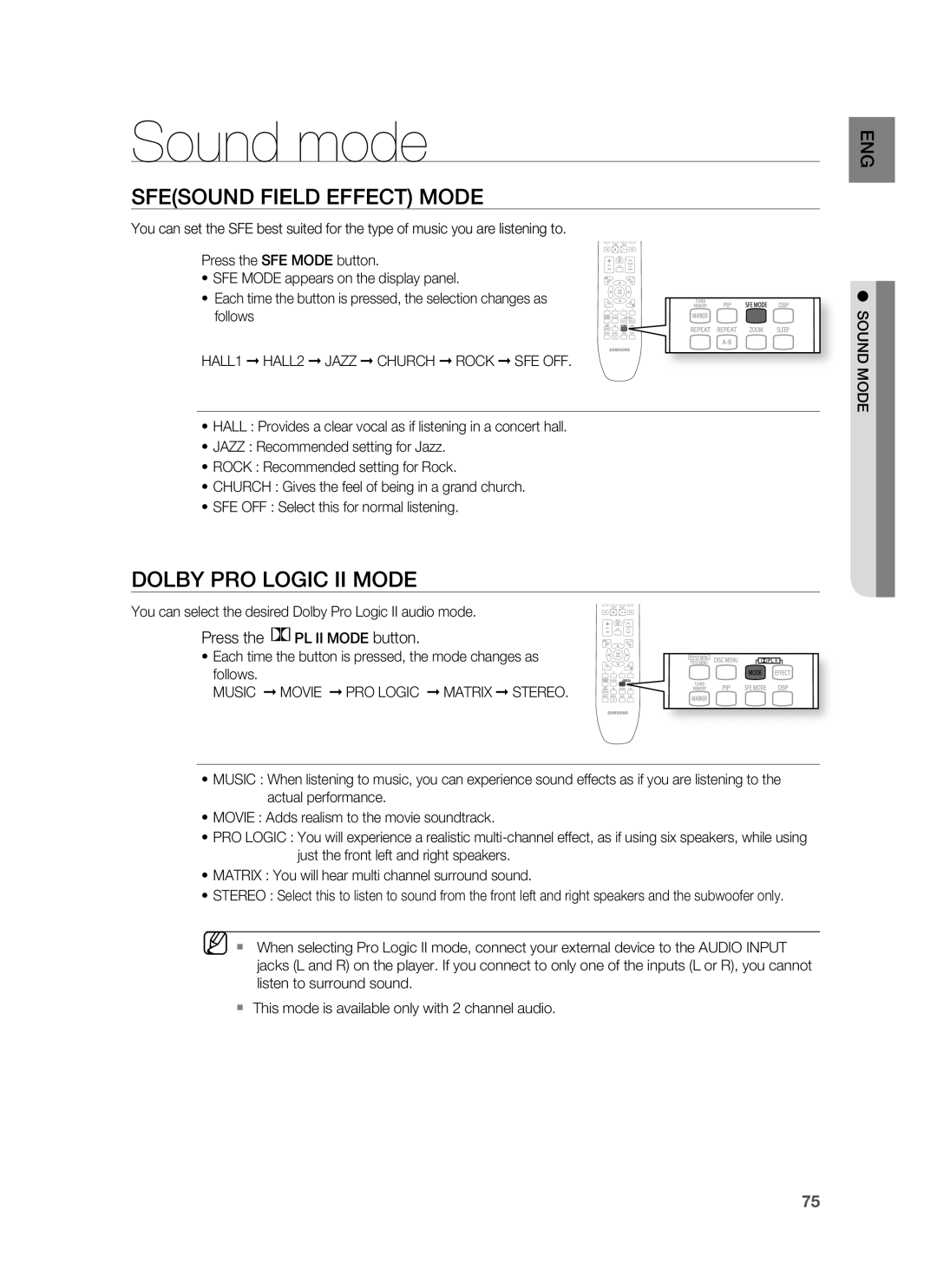 Samsung HT-BD1200, AH68-02178Z user manual Sound mode, Sfesound Field Effect Mode, Dolby Pro Logic Ii Mode 