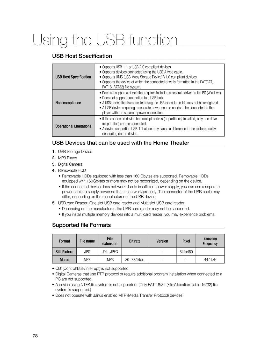 Samsung AH68-02178Z USB Host Speciﬁcation, USB Devices that can be used with the Home Theater, Supported ﬁle Formats 