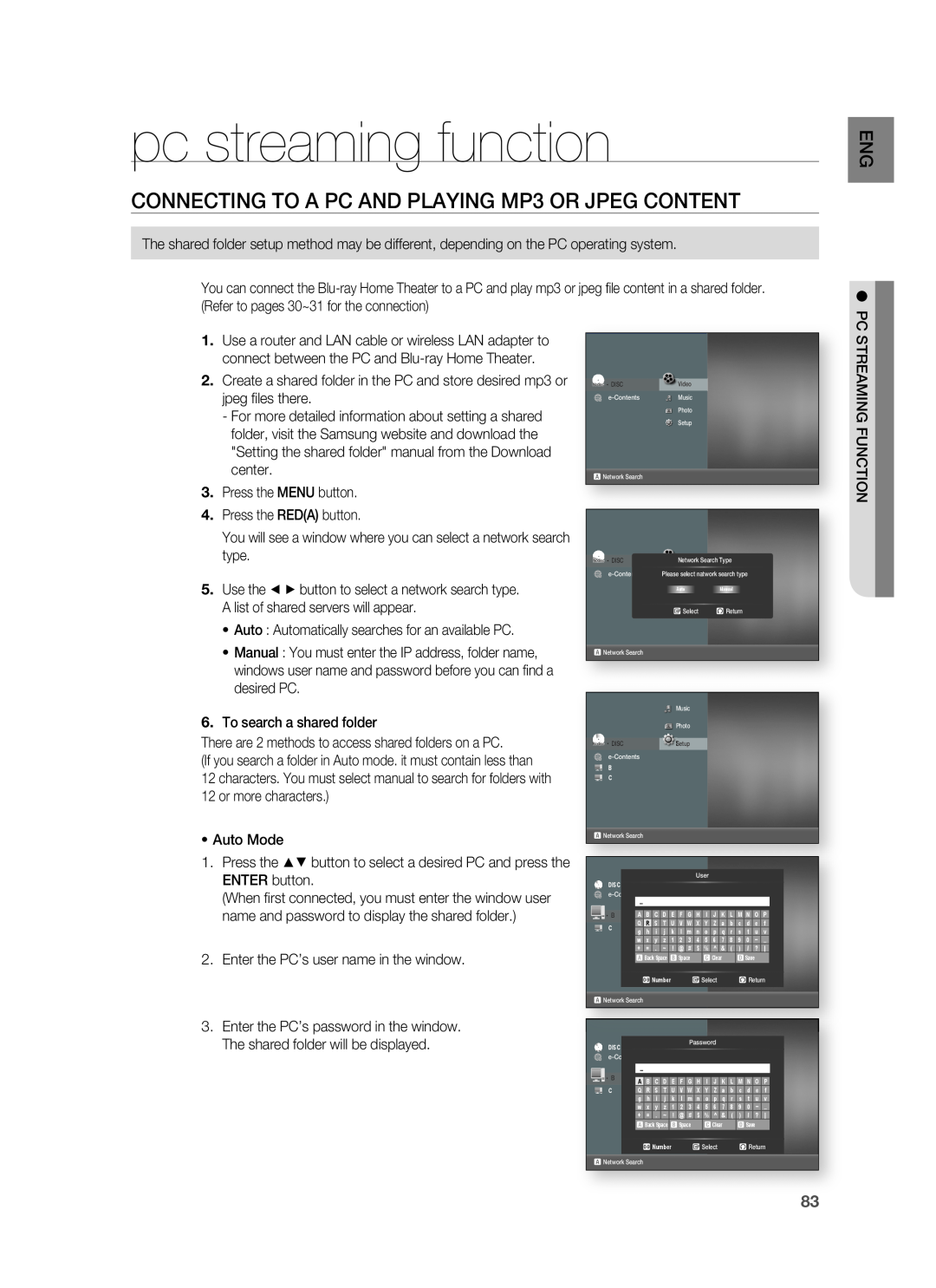 Samsung HT-BD1200, AH68-02178Z user manual pc streaming function, CONNECTING TO A PC AND PLAYING MP3 OR JPEG CONTENT 