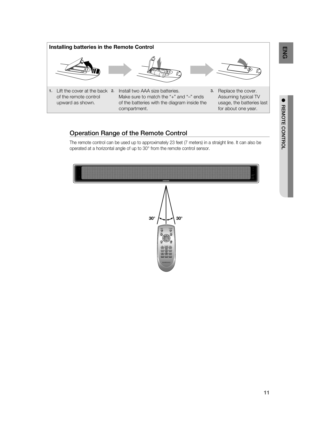 Samsung AH68-02184F user manual Operation Range of the Remote Control, Installing batteries in the Remote Control 