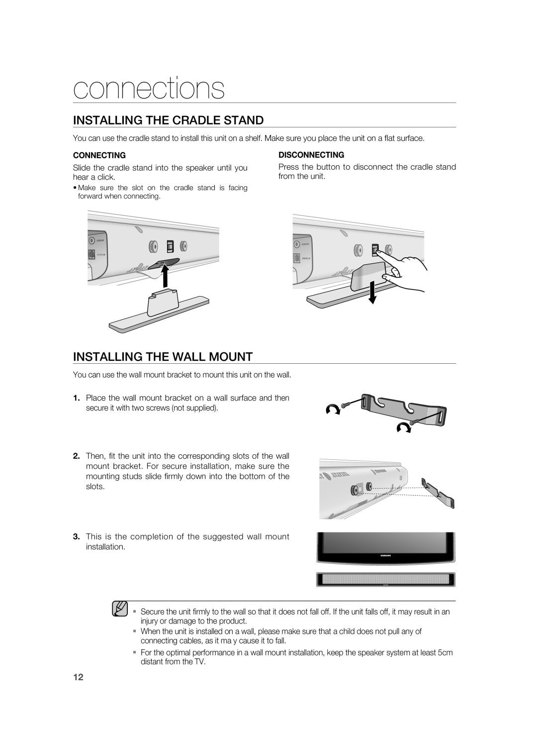 Samsung AH68-02184F user manual connections, INSTAllING THE CRADLE STAND, INSTAllING THE WAll MOUNT 
