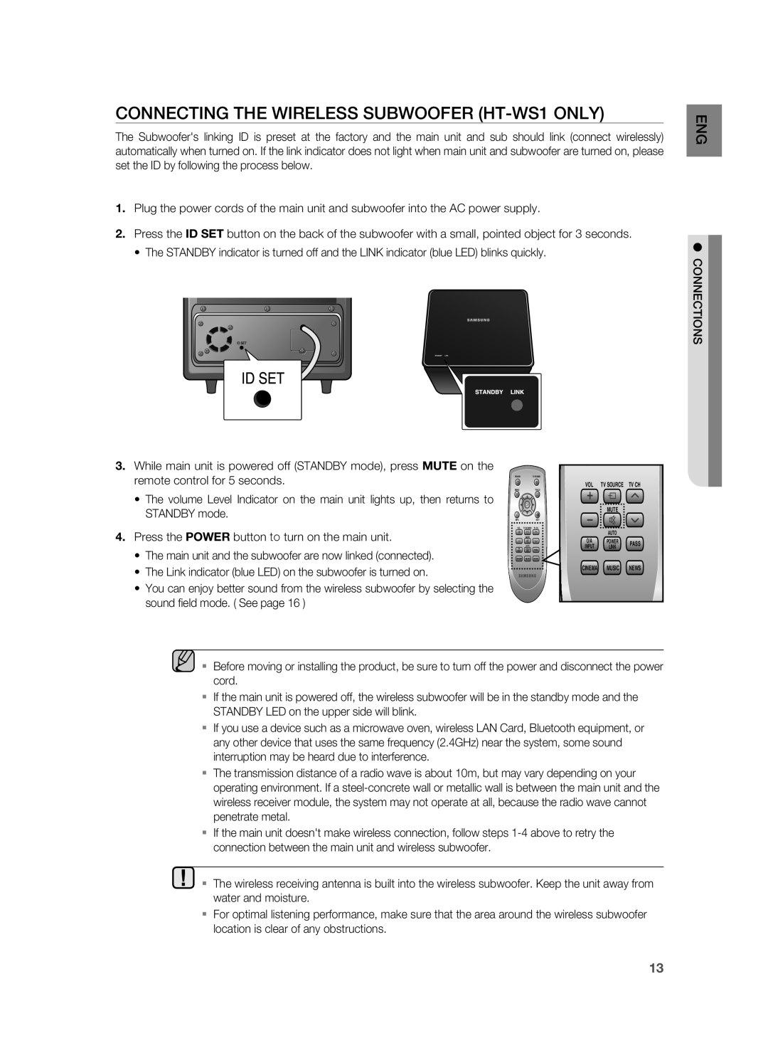 Samsung AH68-02184F user manual CONNECTING THE WIrElESS SUBWOOFEr HT-WS1only 