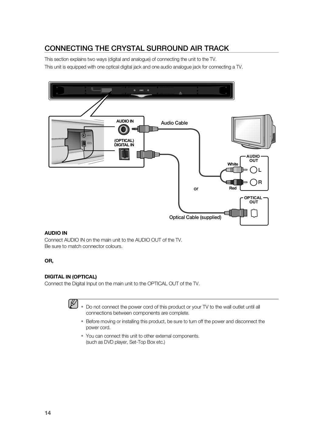 Samsung AH68-02184F user manual connecting the CRYSTAL SURROUND AIR TRACK, Audio In, Or Digital In Optical 