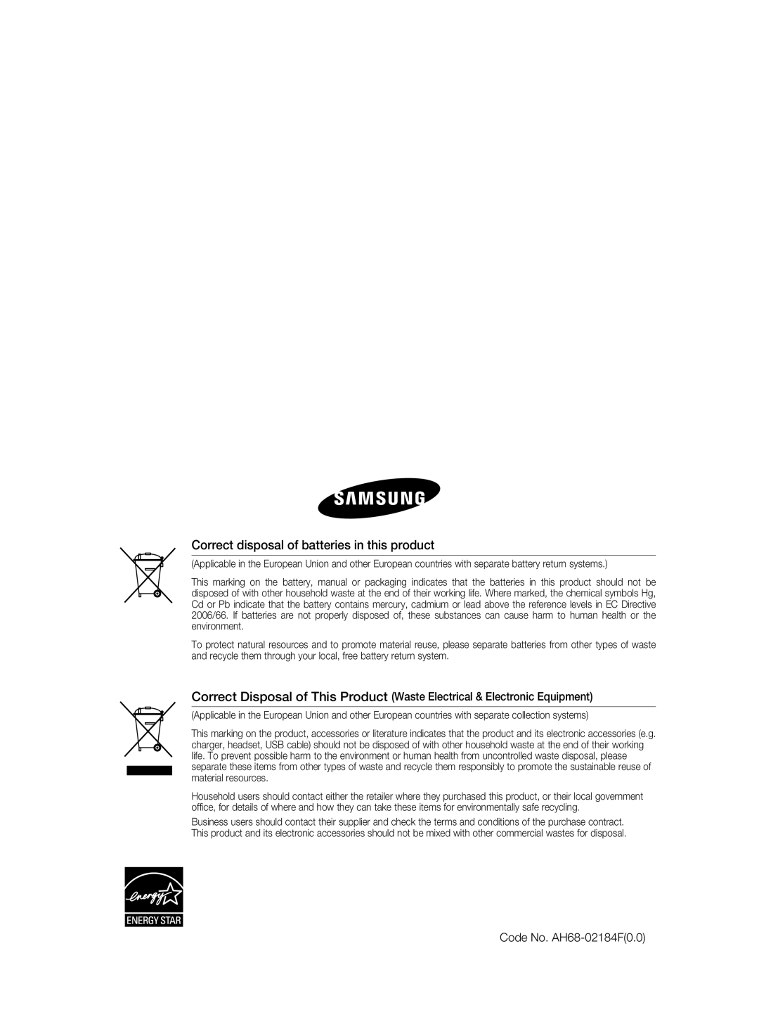 Samsung user manual Correct disposal of batteries in this product, Code No. AH68-02184F0.0 