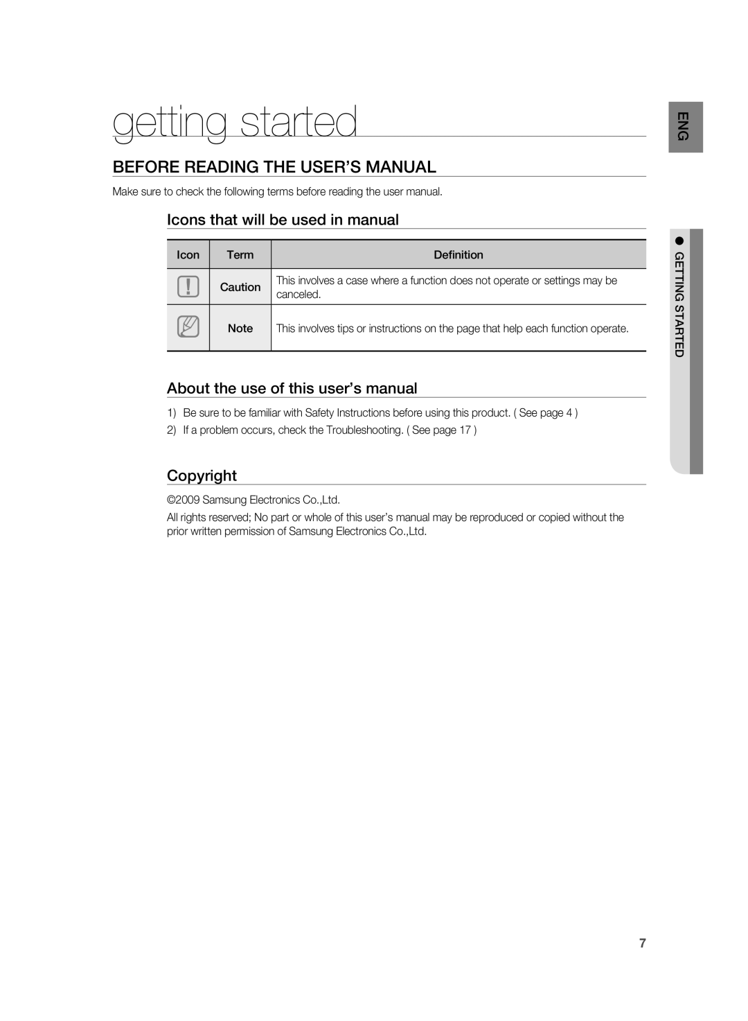 Samsung AH68-02184F user manual getting started, Icons that will be used in manual, Copyright 